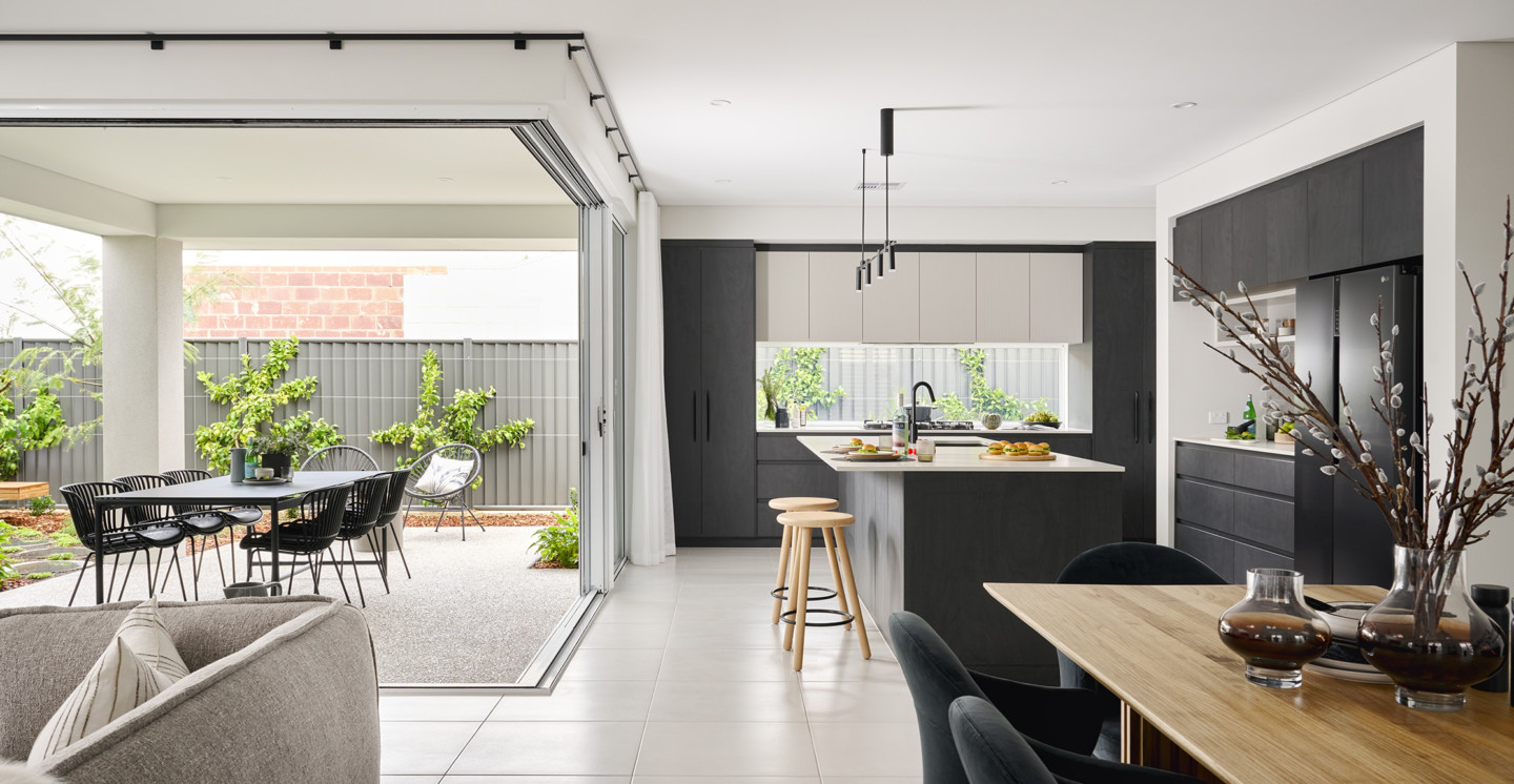 image representing the open living plan showing the connectedness of kitchen, dining, living and the outdoors. of Dale Alcock Display Home Oslo in Mindarie.